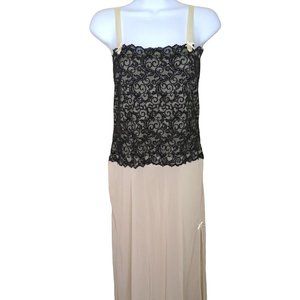 Vintage Donna Lingerie Long Slip Nightgown M Black Lace Bodice Chiffon Slit Leg